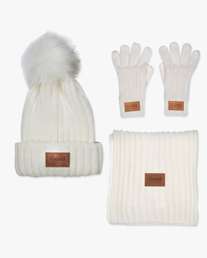 Leeman 3PC Fur Pom Winter Set-White