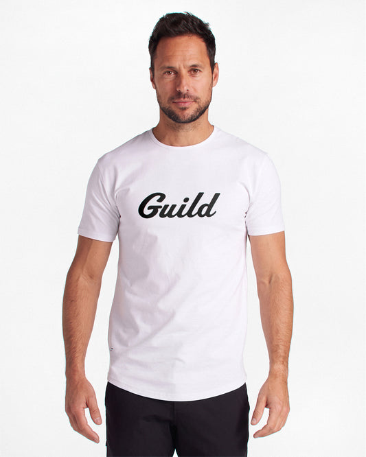 Guild x BYLT Men’s Drop-Cut LUX Tee in White — front