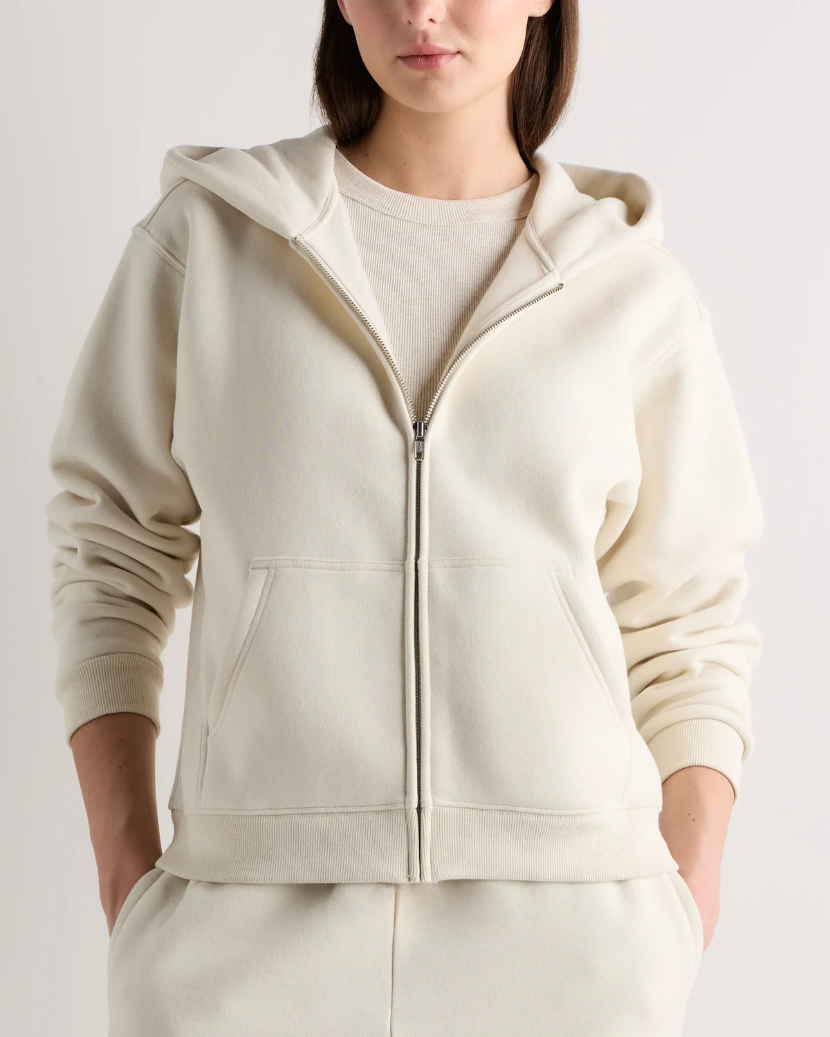 Linen White full-zip fleece hoodie — side view