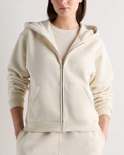 Linen White full-zip fleece hoodie — side view