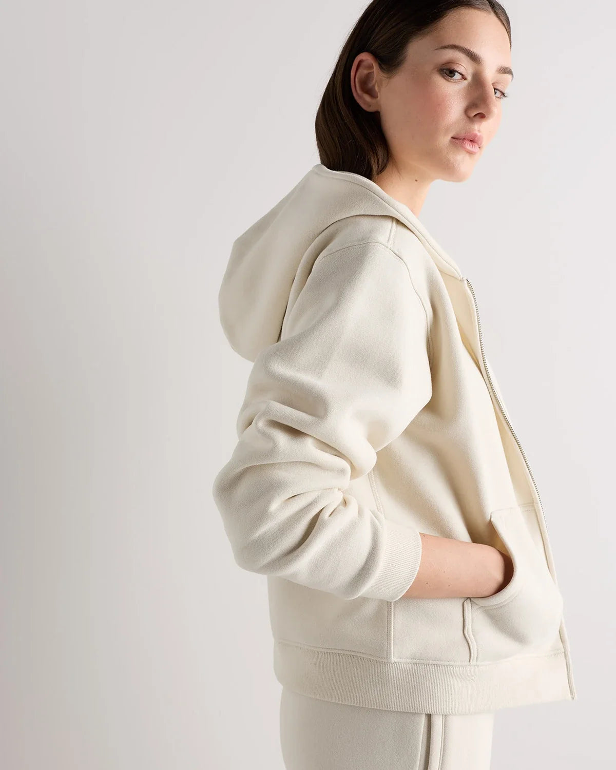 Linen White full-zip fleece hoodie — detail view