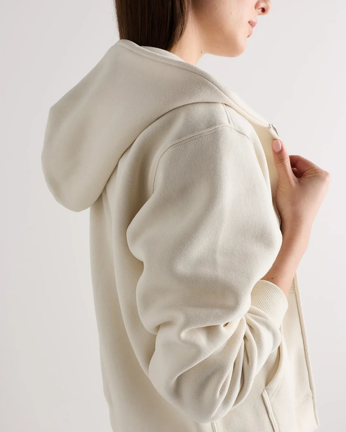 Linen White full-zip fleece hoodie — back view