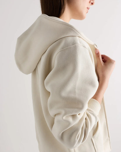 Linen White full-zip fleece hoodie — back view