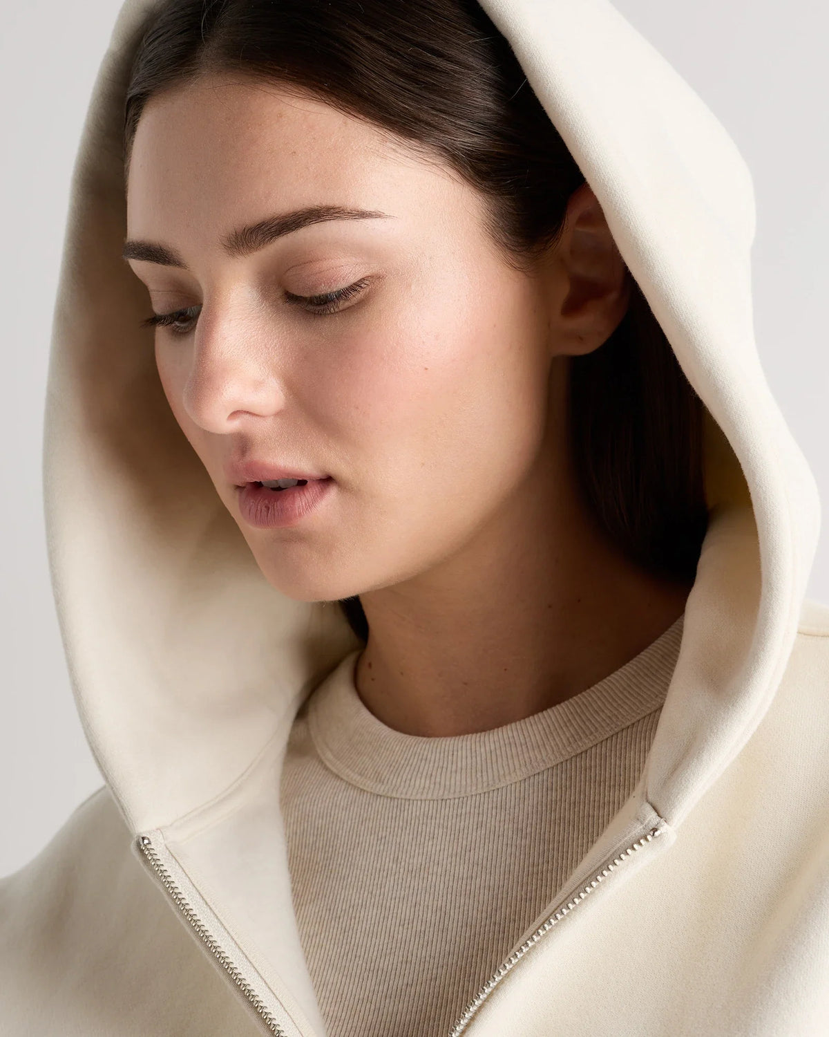 Linen White full-zip fleece hoodie — hood detail
