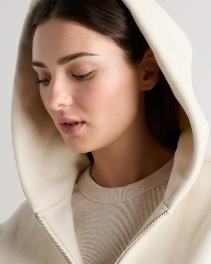 Linen White full-zip fleece hoodie — hood detail